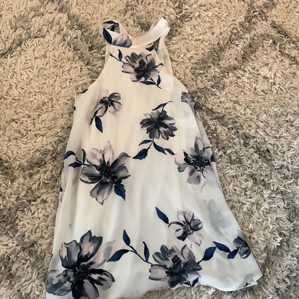 White halter dress with blue flowers